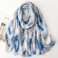 Artistic blue and white scarf with gold leaf stripes and soft frayed edges for travel - 180*88cm / Blue (SL2509-014)