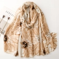 Elegant floral print satin scarf for women with fringe details on a minimalist background - Khaki (SL2509-009)