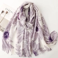 Elegant lightweight white scarf with purple floral print and frayed edges for women - Purple (SL2509-009)