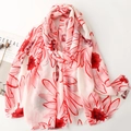 Lightweight white satin scarf with red floral daisy prints and fringed edges for women - Red (SL2509-009)