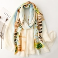 Abstract watercolor print scarf with Roman holiday architectural pattern and fringed edges - Blue Beige