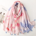 Elegant light pink floral scarf with blue tassels and soft cotton-linen texture - 180*88cm / Pink Floral (SL2509-016)
