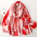 Lightweight satin scarf featuring gold stamped white orchids and bold abstract patterns - Red