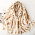 Soft thin satin scarf with amber zebra stripes and elegant fringed edges for women - 180*88cm / Khaki