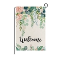 Polyester garden flag with watercolor flowers and black welcome text on metal stand - Eucalyptus Welcome Style (HYQ026-12)
