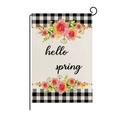Hello Spring garden flag with watercolor pink flowers and black plaid border with metal stand - Plaid Border Pink Flower Style (HYQ026-10)