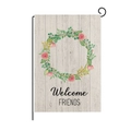 Watercolor floral garden flag with Welcome Friends text on vertical metal stand - Wood Grain Wreath Welcome Style (HYQ026-16)