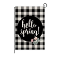 Buffalo plaid garden flag with hello spring text and floral design on metal hanger - Black White Plaid Spring Style (HYQ026-14)