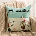 Detail of pocket pillowcase featuring hand-drawn illustrations and mint green fabric insert - 45*45cm (Insert Not Included) / Green and White Beautiful Pocket Style (KDBZ001-2)