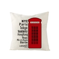 British style pillow cover with red phone booth print and world city names art - Red Telephone Booth Multi-City Style (JYM012-7)