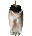 Plaid scarf in black, peach, and white with long fringe tassels on a mannequin - 140x140cm / Pinkish Grey
