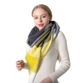 Plaid cashmere-like scarf with grey, yellow, and green check patterns on female model - 140x140cm / Yellow Grey Check