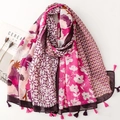 Châle bohème à motifs floraux avec glands roses et texture en coton et lin - Style Floral Patchwork(SL2509-021)