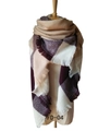 Plaid cashmere-like scarf shawl with beige and burgundy color block and fringe - 140x140cm / Beige Coffee