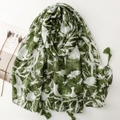 Vintage forest green floral scarf with fringes and botanical hand-painted print style - Green (SL2509-027 Green)