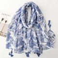 Vintage floral printed shawl scarf with tassels and blue gradient patterns for women - Blue (SL2509-027 Blue)
