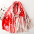 Red marble print satin scarf for women lightweight shawl with frayed edges pashmina - Red