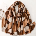Écharpe en coton et lin avec motif feuilles de ginkgo dorées et franges douces - Marron