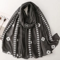 Dark gray ethnic style embroidered scarf with white leaf and floral patterns - Marl Grey