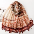 Bohemian floral scarf in caramel tones with ethnic prints and decorative tassels - Ethnic Style Print (SL2512-006)