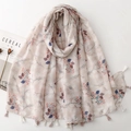 Lightweight long floral scarf with berry prints and tassels for women on white background - Red Berry & Leaves (SL2512-002)