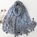 Blue and white floral scarf with fringe tassels, elegant soft cotton linen shawl - Blue & White Floral (SL2512-004)