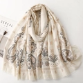 Classic paisley pattern pashmina scarf in beige and brown with soft fringe edges - Beige