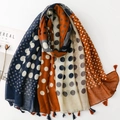 Écharpe rétro française à pois avec pompons en blocs de couleurs marine et orange - Patchwork à pois