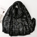 Vintage black paisley cotton scarf with fringe trim and white floral patterns - Black