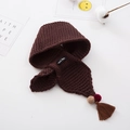 Detail of dark brown knit scarf with plush pom-poms, tassels, and Hand Made label - 66*10cm / Coffee