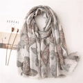 Elegant large cotton linen scarf with butterfly print and sequins in light grey and beige - 180*90CM / Butterfly Print-Light Grey (SL2004-002)