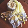 Lemon yellow wave print cotton scarf with fringe tassels for beach sun protection - Lemon Yellow