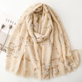 Écharpe élégante en lin et coton beige avec imprimés nœuds vintage et bords effilochés - Beige