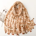 Écharpe en coton et lin à fleurs avec glands, châle beige et orange léger - 180*88cm / Khaki