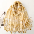 Beige cotton-linen shawl with yellow paisley pattern and decorative tassel edges - Yellow