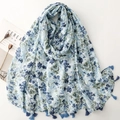 Floral cotton linen scarf in light blue with tassels, soft bohemian summer shawl wrap - 180*88cm / Blue