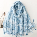 Blue and white paisley scarf with tassels, breathable linen-style shawl for women - Blue
