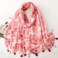 Pink cotton linen scarf with paisley floral print and red tassels for women - Red