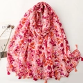 Pink floral print shawl scarf with tassels laid flat on a clean minimalist background - 180*88cm / Red