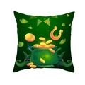 Close-up of St. Patrick's Day cushion cover with gold coins and clover print - Golden Horseshoe and Money Pot Style (DRD330-10) / 45*45cm (No Insert)