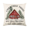 Christmas pillow cover with red cabin and pine tree print on linen fabric - Snowy Red Cabin (JYM182-1)