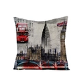 British style polyester pillow cover with vintage London red bus and Big Ben print - Black and White Vintage London Street Style (JYM012-6)