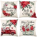 Set di 4 federe per cuscini natalizi con camion rosso e motivi floreali acquerello - 45*45cm (Inserto non incluso) / Stella di Natale e Camion Vintage (YMD95-13)