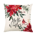 Funda de cojín navideña con flor de pascua roja y frase Hello Winter en tejido lino - Estilo Cardenal de Invierno (JYM196-2)