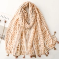 Sciarpa leggera in cotone e lino con motivi geometrici a onde e nappe marroni - Cachi