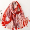 Ethnic style tropical leaf print long scarf with fringe tassels in red and orange colors - Red