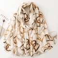 Écharpe en coton et lin beige avec motif cœur doré et bords effilochés pour femme - Kaki