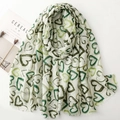 Elegant ivory linen scarf with golden heart prints and soft fringe edges for women - Green