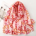 Pink linen-feel scarf with red gold foil heart patterns and fringed edges shawl - Rose Pink