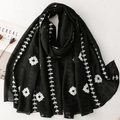 Elegant black ethnic scarf with white floral embroidery and leaf pattern details - Black